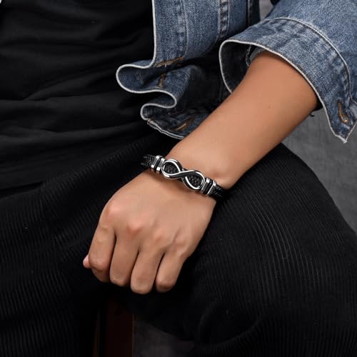 Men's Leather Infinity Bracelet Stainless Steel Number 8 Wristband Cuff Bangle Bracelets Gifts for Men, 8.3 & 9.1 inches - color: 01.Single-layers leather & silver infinity, size: 8.3inch(Fits most wrists.)