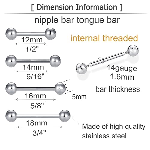 MODRSA 14g 16g Nipple Rings Tongue Rings 14 Gauge Surgical Steel Nipple Bar Barbell 14mm 16mm 18mm Silver Rose Gold Black Tongue Piercing Jewelry for Women Men - color: 1 - Silver - Mix length internal thread