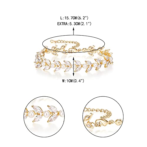EVER FAITH Gorgeous Cubic Zirconia Pearl Wedding Link Bracelet for Bride | Marquise Teardrop Crystal Bridal Prom Jewelry, for Women Bridesmaids - style: Marquise_Clear Gold-Tone