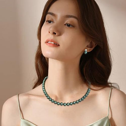 Pearl Necklaces for Women,8mm Pearl Necklace and Earring Bracelet Jewelry Set for Women Men Wedding Birthday Valentine Christmas Day Gifts - color: Green