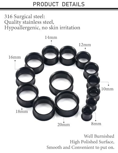 12G-25mm Double Flared Gauges Tunnels Stretching Kit 316L Surgical Steel Ear Gauges Plugs Earring Lobe flesh Tunnel Gauge Stretcher Silver Black Gold Color Tone - color: Black, size: 0g/00g/12mm14mm/16mm/18mm/20mm
