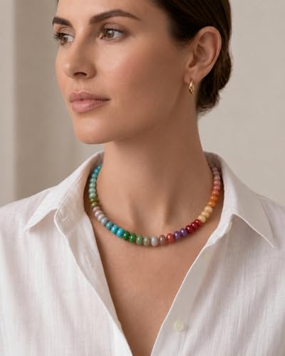 AMOREA Colorful Natural Gemstone Choker Necklace for Women, 5x8mm Genuine Stone Beads, Gold Accent Collarbone Necklace, Summer Vacation Jewelry - color: Rainbow Aura