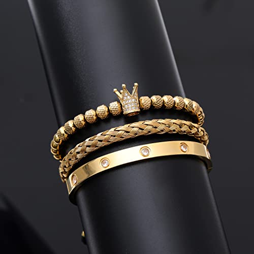 WFYOU 3PCS Stainless Steel Imperial Crown Bracelets for Men Gold Roman Numeral Bangle Bracelet Adjustable Cuff Bracelet Mens Luxury Jewelry Gifts - style: 01:Gold-Cubic Zirconia