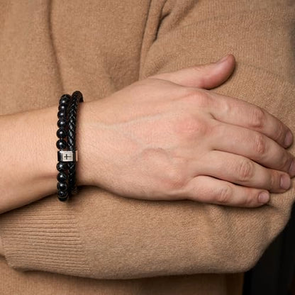Cross Bracelet for Men - Genuine Leather Religious Bracelets | Stylish Christian Bracelet for Men - Perfect Faith Accessory | Mens Cross Bracelet - Christian Jewelry - style: Midnight