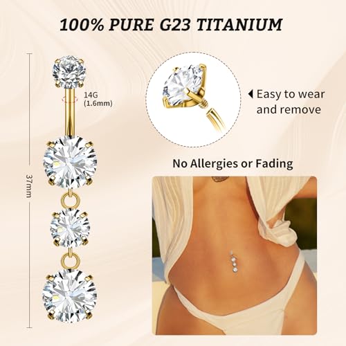 1PC 14G Belly Button Rings G23 Titanium Dangle Belly Piercing Navel Rings CZ Curved Barbell Internally Threaded Dangling Belly Jewelry for Women - color: A-Gold