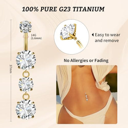 1PC 14G Belly Button Rings G23 Titanium Dangle Belly Piercing Navel Rings CZ Curved Barbell Internally Threaded Dangling Belly Jewelry for Women - color: A-Gold