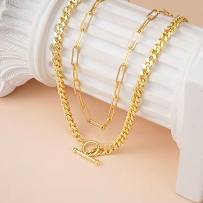 Layered Necklaces for Women 14k Gold Plated Chain Necklace Trendy Dainty Toggle Clasp Chunky Cuban Link Paperclip Chain Jewelry Gift - style: Style 1：Paperclip+Cuban Toggle