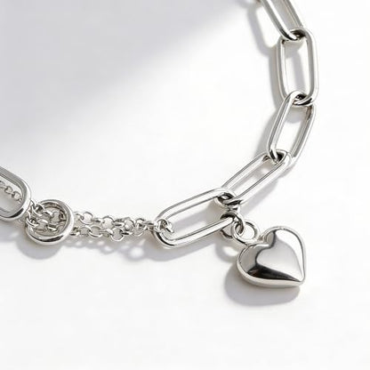 925 Sterling Silver 6mm Paperclip Bracelet for Women with Heart Charm - Mixed Link Chain Design, Lobster Clasp, Size 7" 8" 9", Gift Box - size: Small - 7 Inches