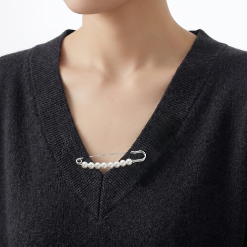 Pearl Safety Pins Silver Faux Pearl Brooch Pins Decorative Safety Pin 3 Inch Bowknot Brooch Pin Waist Tightening Clips for Clothes Pants Dresses Sweaters Hats Scarves Wedding