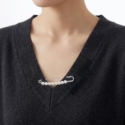 Pearl Safety Pins Silver Faux Pearl Brooch Pins Decorative Safety Pin 3 Inch Bowknot Brooch Pin Waist Tightening Clips for Clothes Pants Dresses Sweaters Hats Scarves Wedding
