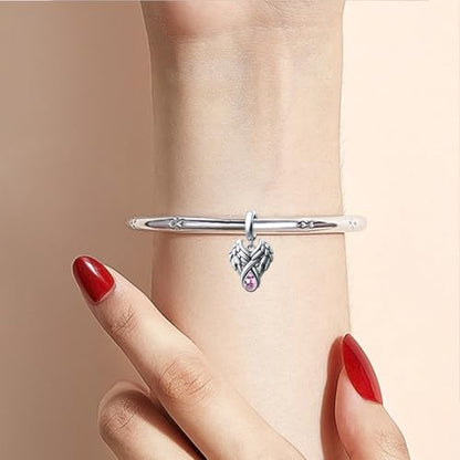 KunBead Guardian Angel Wings Birthstone Dangle Birthday Charms Compatible with Pandora Charm Bracelet for Women - color: Pink