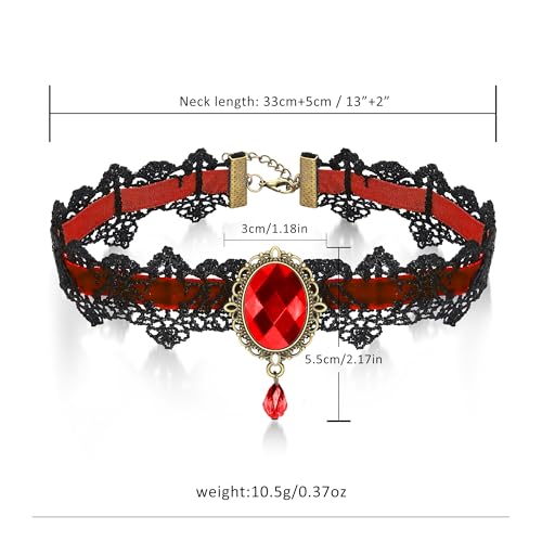 AILUOR Punk Rock Wedding Party Handmade Black Lace Choker, Gothic Retro Lolita Beads Chain Vampire Pendant Necklace for Women Halloween - color: Red