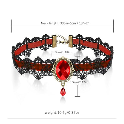 AILUOR Punk Rock Wedding Party Handmade Black Lace Choker, Gothic Retro Lolita Beads Chain Vampire Pendant Necklace for Women Halloween - color: Red