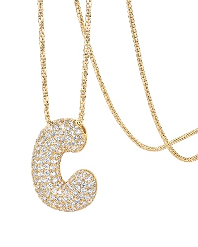 PAVOI 14K Gold Plated Cubic Zirconia Bubble Letter Initial Necklaces for Women | Gold Balloon Necklace Letter | Chunky Pendant Necklaces - style: -C