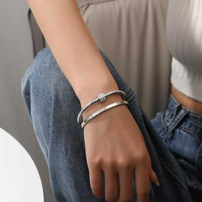 Women's Stainless Steel Bracelet Gold Plated Cuff Bangle With Cube Zircon Hinge Jewelry oval Bangle Witness the Gift of Love - color: 4mm Silver 2pcs-A