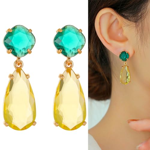 Crystal Earrings CXUEMH Teardrop Earrings for Women Blue and Green Dangle Earrings Elegant Earrings for Prom Emerald Green Earrings Formal Jewelry Crystal Drop Earrings - color: green and yellow