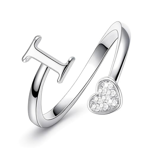 Lunvky Birthday Gifts Silver Initial Rings for Women Teen Girl Kids Trendy Stuff Dainty 14K Gold Plated Adjustable Heart Letter Thumb Rings Pinky Cute Jewelry Personalized Gift - color: Silver, size: Initial-I