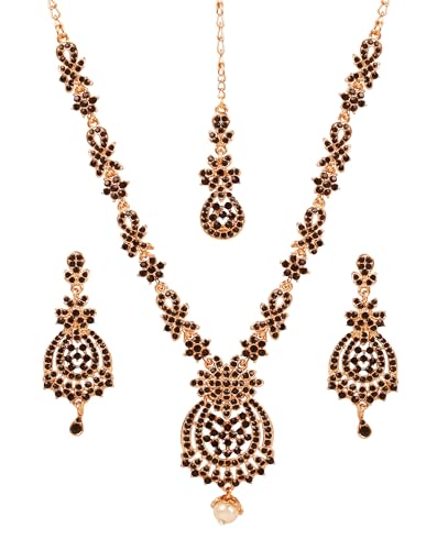 Touchstone Indian jewelry sets for women maang tikka wedding guest gold necklace bollywood jewellery set pageant elegant prom bride accessories western crystal chunky rhinestone necklaces - color: Black in antique gold plating