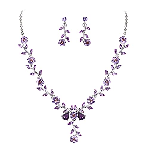 Women's Wedding Jewelry Set for Bride,Prom Bridal Accessories | Bling Crystal,Flower Leaf Cluster,Dangle Earrings Pendant Necklace Set,for Bridesmaid,Party Jewellery - color: 05-Purple Silver-Tone
