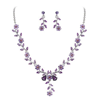 Women's Wedding Jewelry Set for Bride,Prom Bridal Accessories | Bling Crystal,Flower Leaf Cluster,Dangle Earrings Pendant Necklace Set,for Bridesmaid,Party Jewellery - color: 05-Purple Silver-Tone