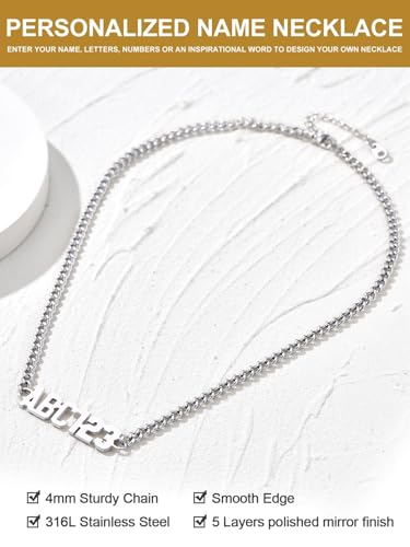 GoldChic JEWELRY Name Necklace Personalized for Men, Womens Custom Name Plate Chain, Stainless Steel Customized Old English Nameplate Choker with Curb Chains Custom, 16 inches to 30 inches - color: Curb Chain 4 mm - Steel(Small Pendant)