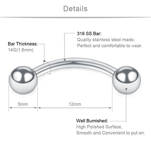 SCERRING 14G Clear Acrylic Bioflex & Stainless Steel Curved Barbell Nipplerings Snake Eyes Tongue Ring Piercing Retainer 16-24PCS - style: 16PCS - 1/2" (12mm) Stainless Steel