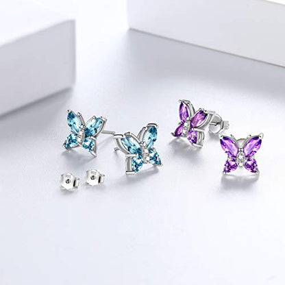 Aurora Tears Butterfly Jewelry,Women 925 Sterling Silver Butterflies Birthstone Pendant Necklace/Earrings/Rings Wedding Gift - color: B.February-set 2