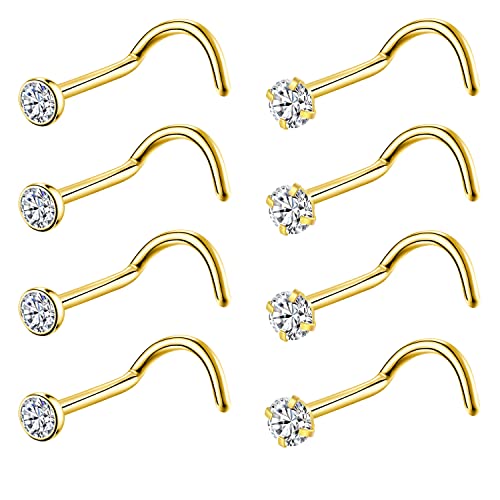 8PCS G23 Titanium Twist Screw Nose Studs 18G 20G Nose Rings 2mm 2.5mm 3mm Clear Pink Purple Aurora CZ Gold Nose Piercing Studs Nostril for Women Men - style: 20g gold clear cz 2.5mm