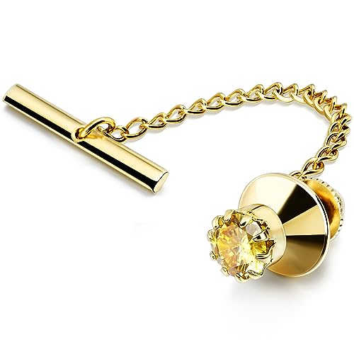 HAWSON Mens Tie Tack with Chain Round Crystal Wedding Business Accessories - color: Gold + Light Topaz