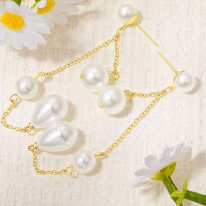 Long Chain Pearl Dangle Earrings for Women | 4Pcs Pearls, 14K Gold Plated, Dainty Tassel Drop, Lightweight Pearl Dangly Earring, Wedding Jewelry Gifts - color: Gold-Teardrop
