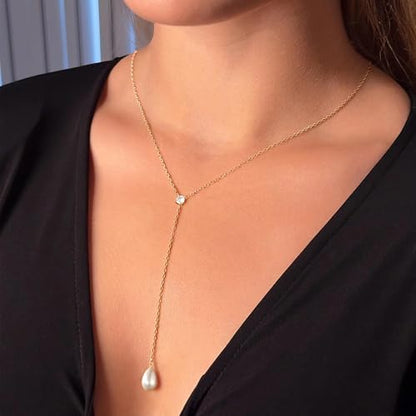 Ritach Pearl Necklaces for Women - Real Gold Plated Dainty Pearl Necklace Daisy Round Drop Pearl Choker Necklace Layered Gold Necklace for Women Teen Girls Bridesmaid Wedding Birthday Gifts - style: Gold-Y-shaped Pearl with CZ