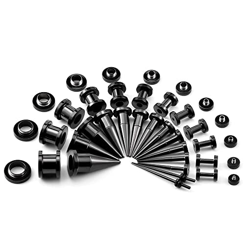 36PCS Ear Gauge Stretching Kit Stainless Steel Double Flare Alloy Tapers 3 In 1 Plugs Set Eyelet 14G-00G - color: (1.6-10mm)-Black-Screw Fit