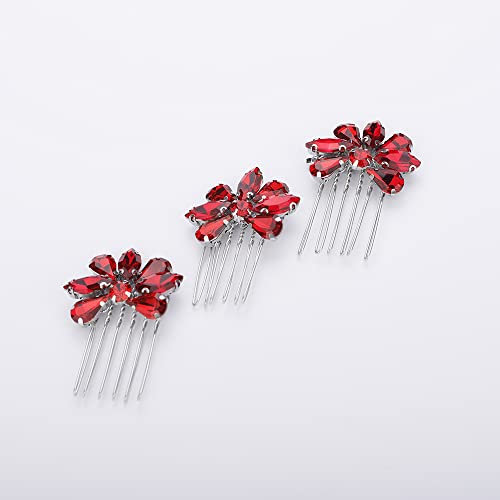 Teyglen Simple Rhinestones Crystal Bride Wedding Hair Comb Set Handmade Red Blue Black Crystal Side Hair Combs Bridal Hair Jewelry Set for Women Bride Girls (Red) - color: Red