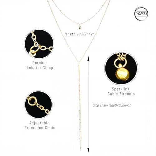 14K Gold Plated Y Necklace for Women – Dainty Lariat Long Pendant Chain, Layered Drop Necklace for V Neck Dress, Simple Sexy Cleavage Jewelry Gifts for Women - color: Gold - Double layer - Bell