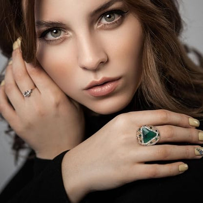 HZMAN Natural Stone Statement Ring for Women, Crystal Paved Bold Cocktail Ring, Adjustable Gold Tone Fashion Jewelry - color: Malachite Green