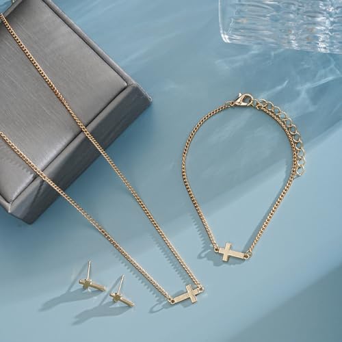 Dainty Cross Jewelry Set Sparkling Rhinestones Earrings Bracelet Necklace Set for Women Religious Faith Cubic Zirconia Cross Studs Earrings Jewelry Set - style: Gold 02