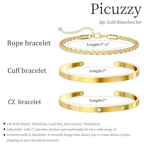 14K Gold Plated Stackable Bangle Bracelets for Women | Dainty Cuff Bracelets, Stackable for Women, Waterproof Bracelet Stack, Gold Jewelry Gifts Trendy Adjustable Accessories - color: 3-layer-C-Gold