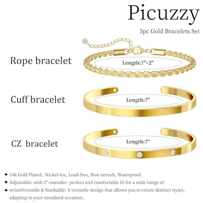 14K Gold Plated Stackable Bangle Bracelets for Women | Dainty Cuff Bracelets, Stackable for Women, Waterproof Bracelet Stack, Gold Jewelry Gifts Trendy Adjustable Accessories - color: 3-layer-C-Gold