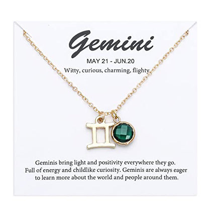 14k Gold Plated Zodiac Birthstone Crystal Pendant Necklace, Horoscope Sign Charm Necklace for Women Birthday Gift - color: Gemini-May