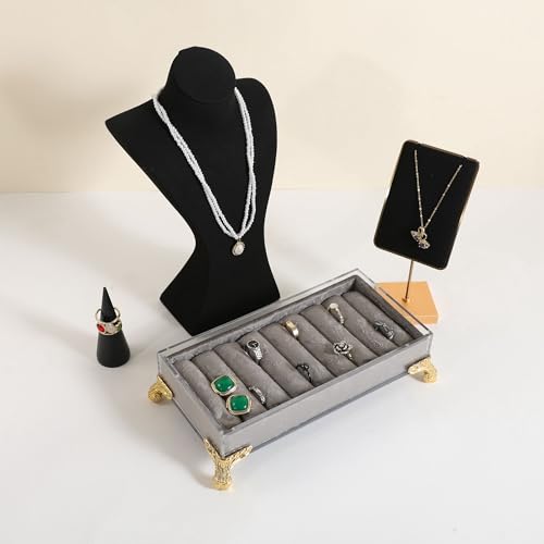 velvet slots Ring holder for jewelry organizer, Earring ring display stand for selling, felt ring jewelry holder tray showcase【Velvet slots Ring Holder-Grey】 - color: Grey
