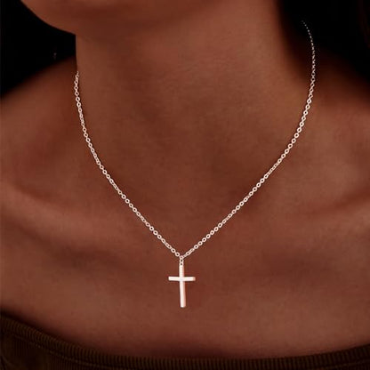 Poxtex Cross Necklace for Women Teen Girls, Dainty 14K Gold Silver Plated Cross Choker Jewelry Non Tarnish Waterproof Cute Simple Small Necklace Christian Baptism Religious Faith Jewelry Gifts - color: 04 Simple Cross Silver