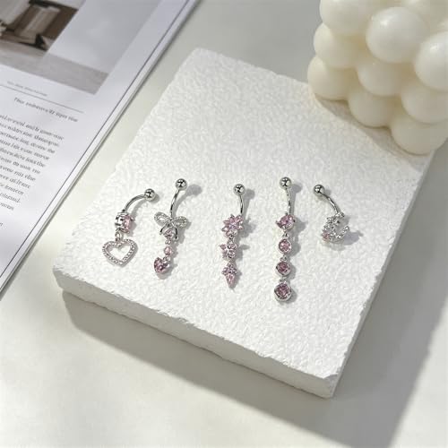 5Pcs 14G Dangle Belly Button Rings, Pink CZ Crystal Bow Heart Charm Drop Navel Piercing Barbell Studs Curved Belly Ring Summer Body Piercings Jewelry