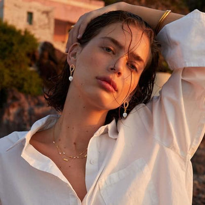 Gold Earrings 14k Gold Plated Hoop Earrings Dainty Pearl hoop Disc Coin Bead Starfish Teardrop Circle Dangle Drop Earrings for Women Hypoallergenic Jewelry Gifts - color: Pearl Earrings-A