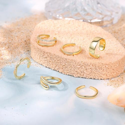NICEIGHT 6Pcs 14K Gold Filled Toe Rings for Women Non Tarnish Silver Flower Hug Band Toe Rings Simple Adjustable CZ Twist Toe Ring Summer Beach Foot Jewelry for Women - color: Gold A