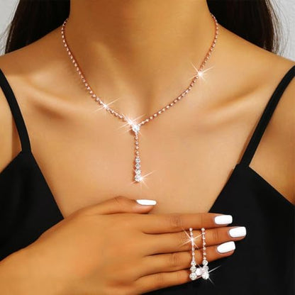 Yean Silver Bridal Jewelry Set Rhinestone Wedding Necklace and Earring Set Prom Jewelry for Women and Bride - color: Rose Gold