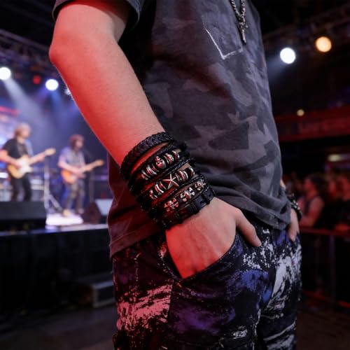 6Pcs Men Braided Leather Bracelet Black Punk Rock Skull Bracelet - color: A: Black