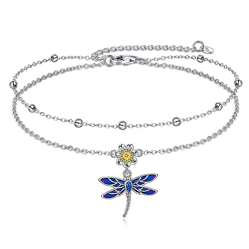 YAFEINI Anklet Bracelets for Women Girls Sterling Silver Hummingbird/Dragonfly/Butterfly Link Chain Anklets Jewelry Gifts - color: Layered dragonfly anklets