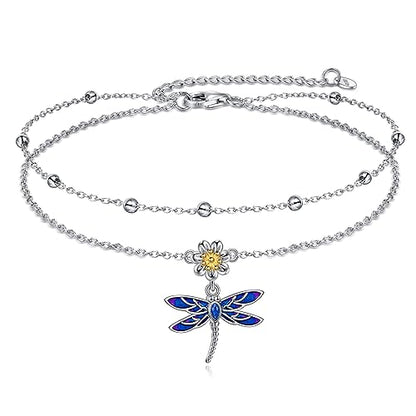 YAFEINI Anklet Bracelets for Women Girls Sterling Silver Hummingbird/Dragonfly/Butterfly Link Chain Anklets Jewelry Gifts - color: Layered dragonfly anklets
