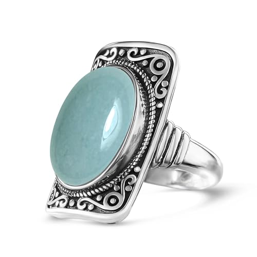 Big Natural Stone Ring,Rectangle Retro Antique Vintage Sterling Silver Genuine Crystal Quartz Gemstone Statement Wide Chunky Boho Bohemian Full Finger Ring for Women - color: A08_Aquamarine