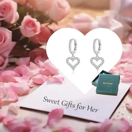 SLUYNZ 925 Sterling Silver CZ Sweet Love Hoop Earrings for Women Teens Hollow Heart Huggie Earrings Drop - color: A-SILVER